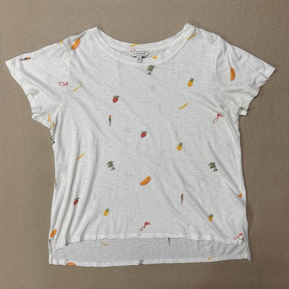 Lucky Brand White T Shirt Womens L Tropical Fruit Parrot Flamingo Bird Print Tee